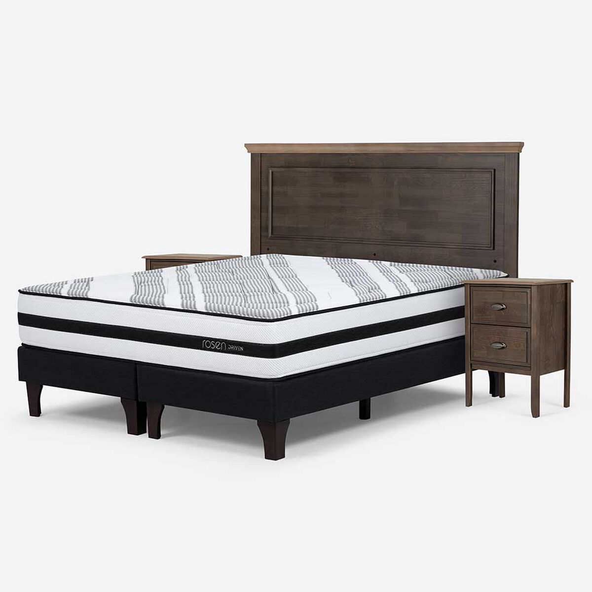 Cama Europea Rosen Base Dividida 2 Plazas Anna + Respaldo + 2 Veladores