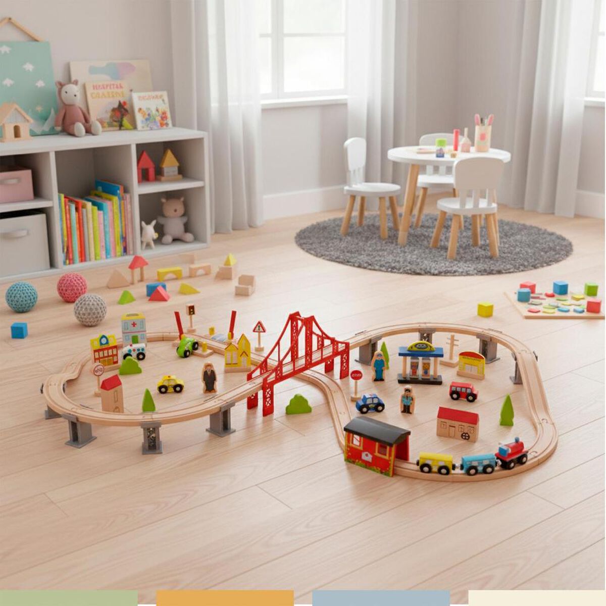 Pista de Autos y Tren de Madera 70Pcs Band&uacute;