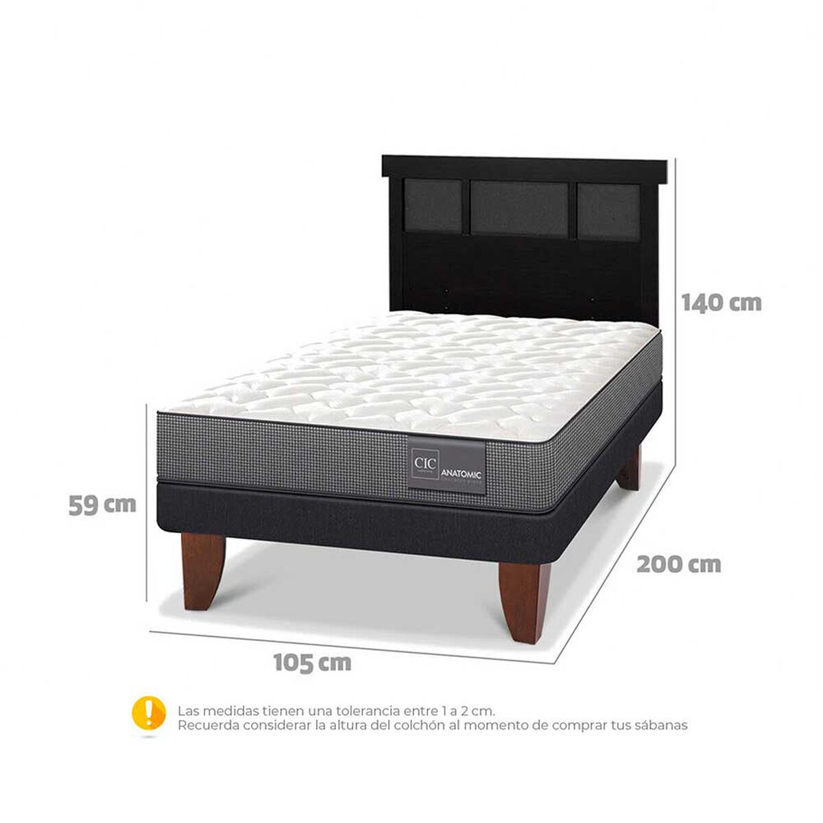 Cama Europea CIC 1,5 Plazas Anatomic + Respaldo Dublin Negro