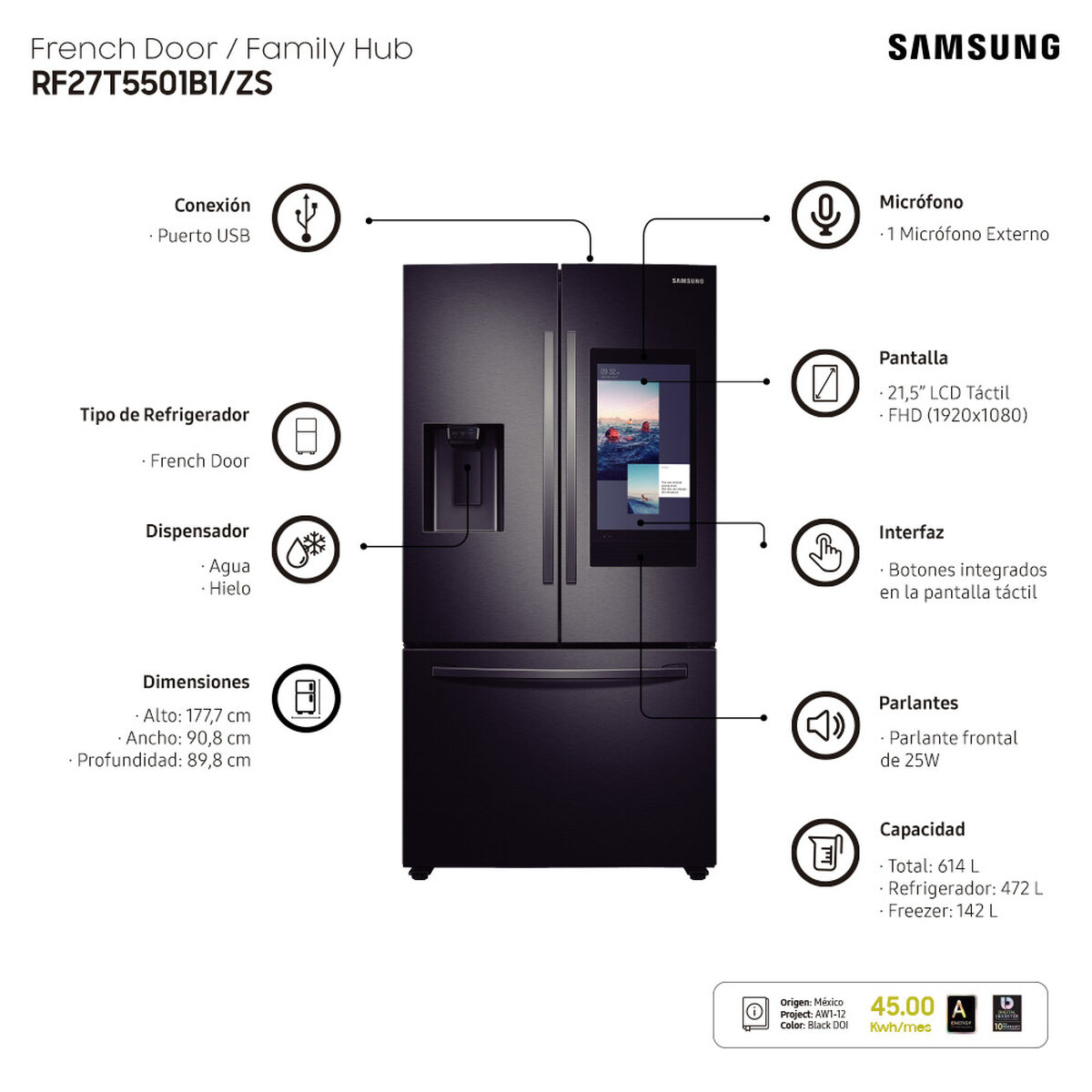 Refrigerador Family Hub Samsung RF27T5501B1/ZS 614 lts.