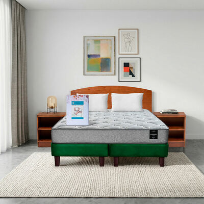 Combo Cama Europea Latam Home 2 Plazas Cannon BD Tela Verde + Textil + Respaldo + 2 Veladores Atlas