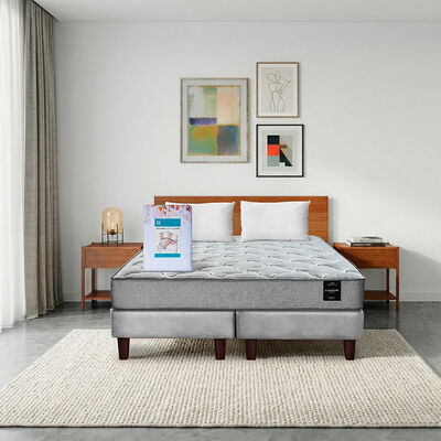 Combo Cama Europea Latam Home 2 Plazas Cannon BD Tela Gris + Textil + Respaldo + 2 Veladores Orion