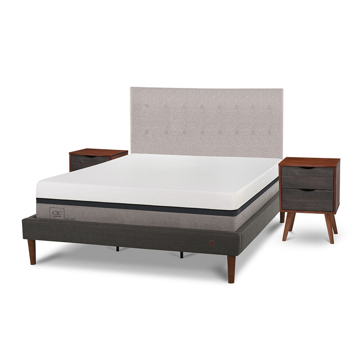 Cama Europea CIC Curve King Balance + Respaldo Tigris+ 2 Veladores Niger
