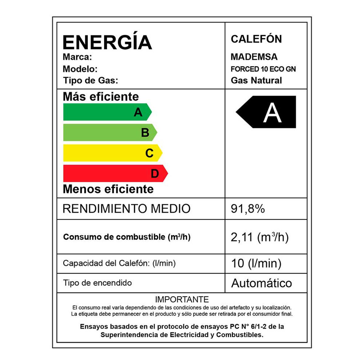 Calefont Gas Natural Mademsa Forced 10 Eco GN 10 lts.