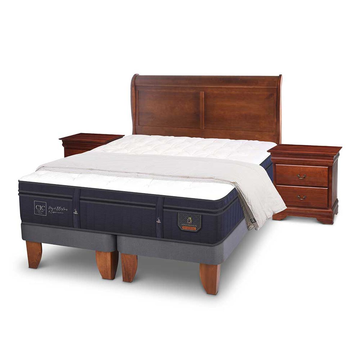 Cama Europea CIC Base Dividida King S&uacute;per Premium + Respaldo + Veladores + Plum&oacute;n Ganso