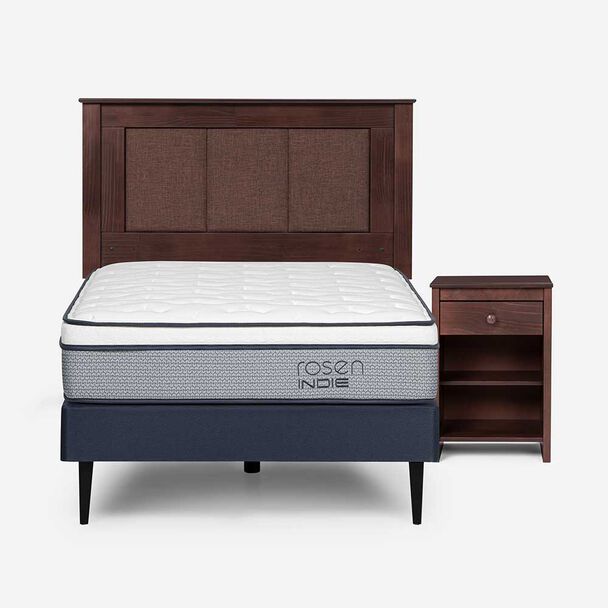 Cama Europea Rosen 1,5 Plazas Indie + Respaldo + Velador Rachel