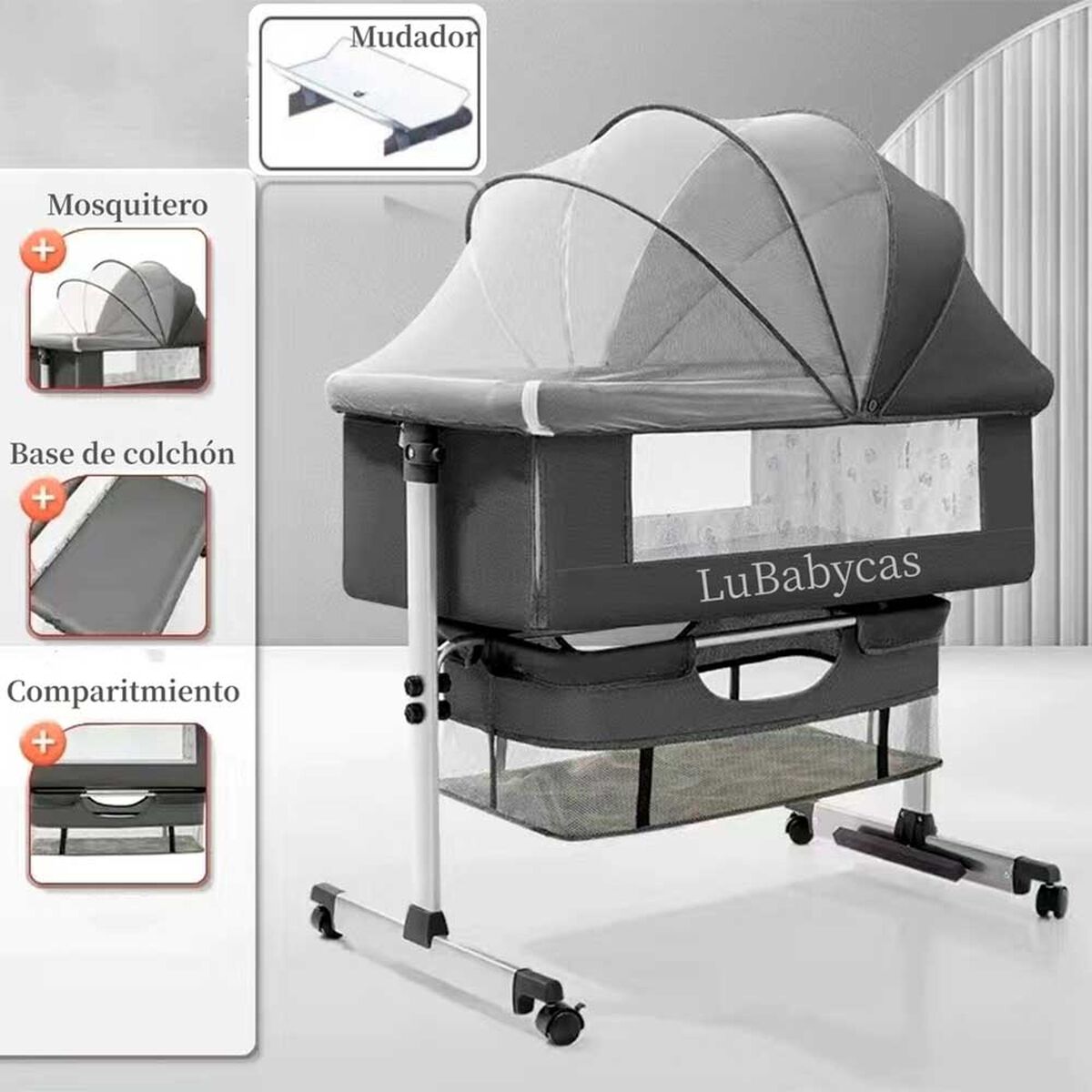 Cuna Colecho con Mudador y Accesorios Lubabycas Gris
