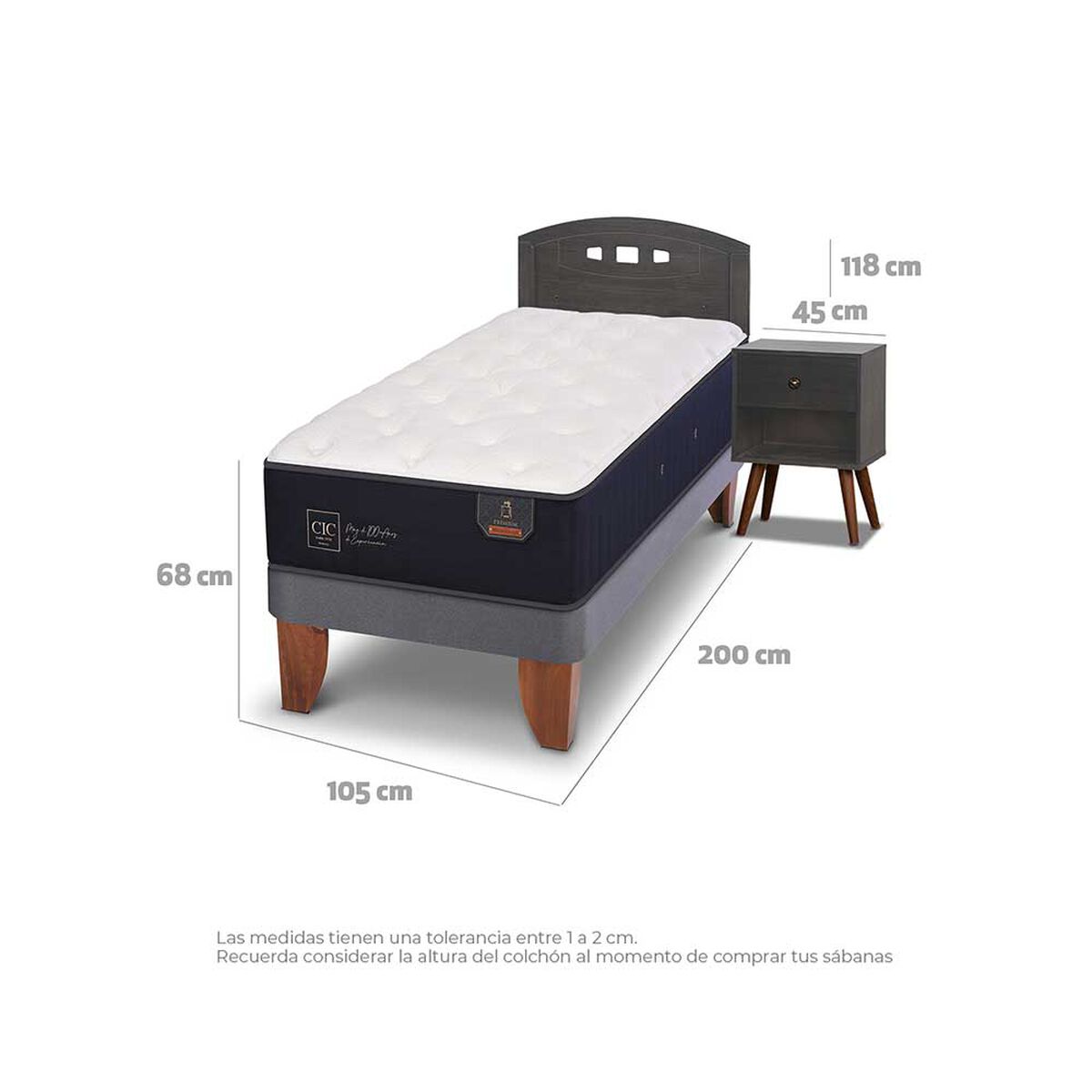 Cama Europea CIC 1,5 Plazas Premium + Respaldo + Velador Gales