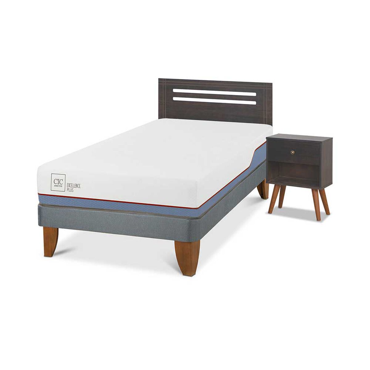 Cama Europea CIC 1,5 Plazas Excellence Plus + Respaldo + Velador Munich