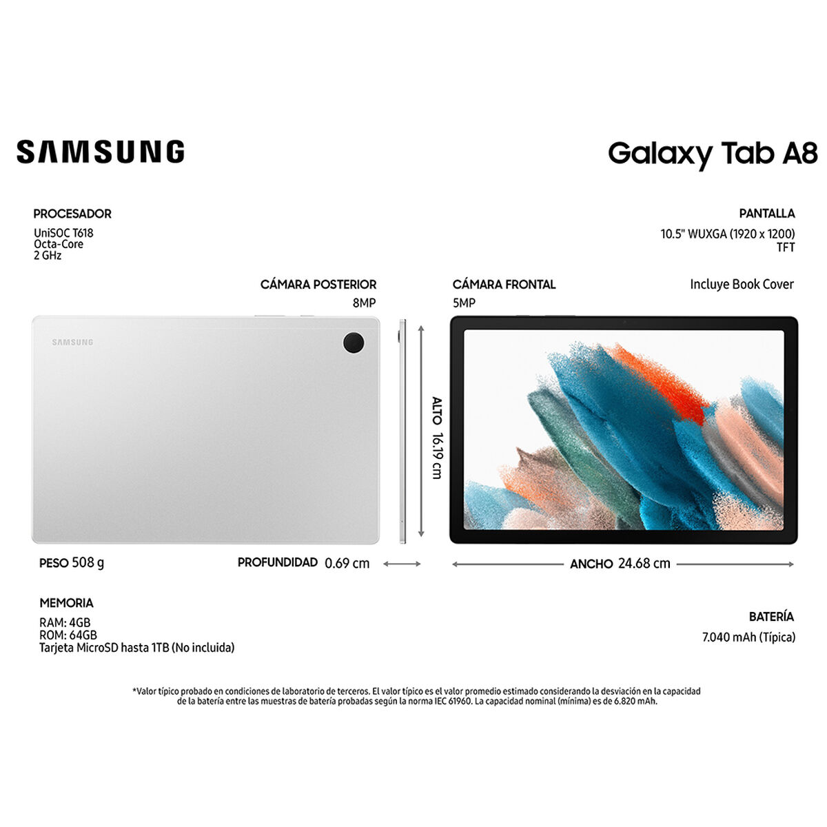 Tablet Samsung SM-X200 Galaxy TAB A8 Octa Core 4GB 64GB 10,5" Plateado + Cover