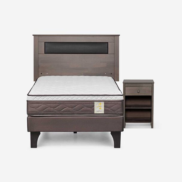 Cama Europea Rosen 1 Plaza New Style 4 Plus + Respaldo Ferrera Gris + Velador