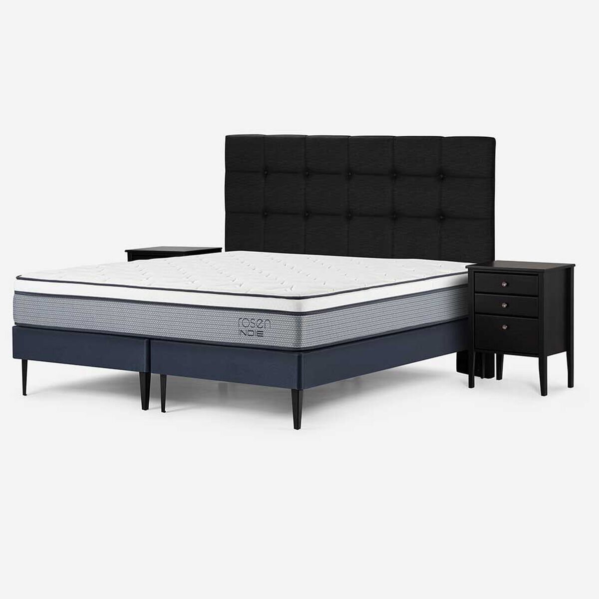 Cama Europea Rosen Base Dividida King Indie + Respaldo + 2 Veladores Issey Grafito