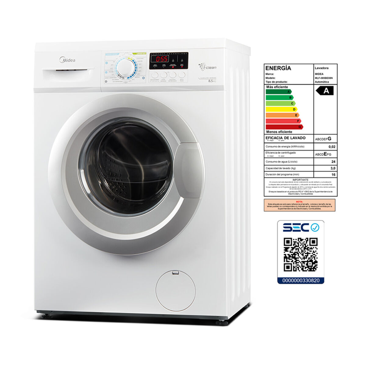 Lavadora Automática Midea MLF-085BE08N 8,5 kg.