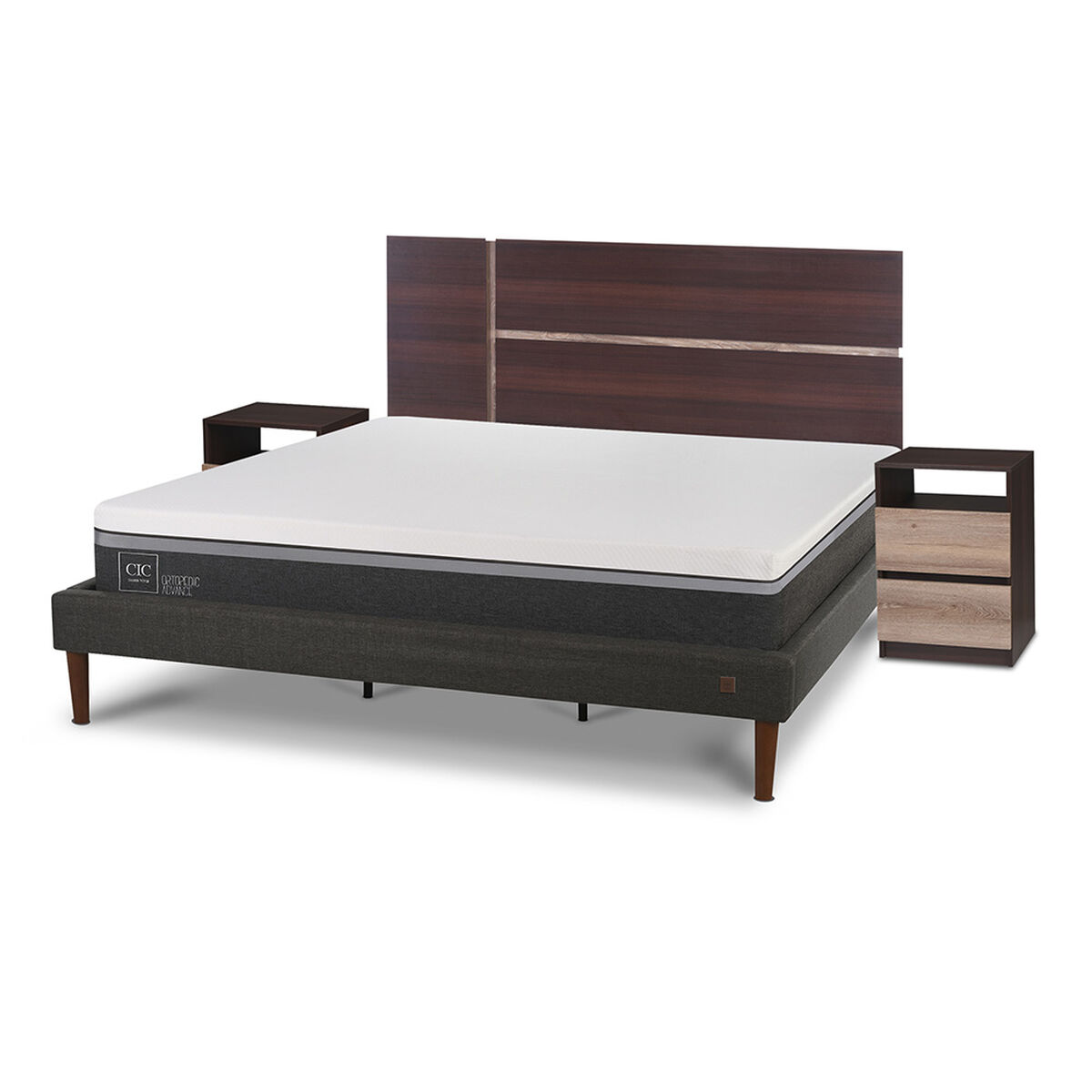 Cama Europea CIC King Ortopedic Advance + Respaldo Enio + 2 Veladores