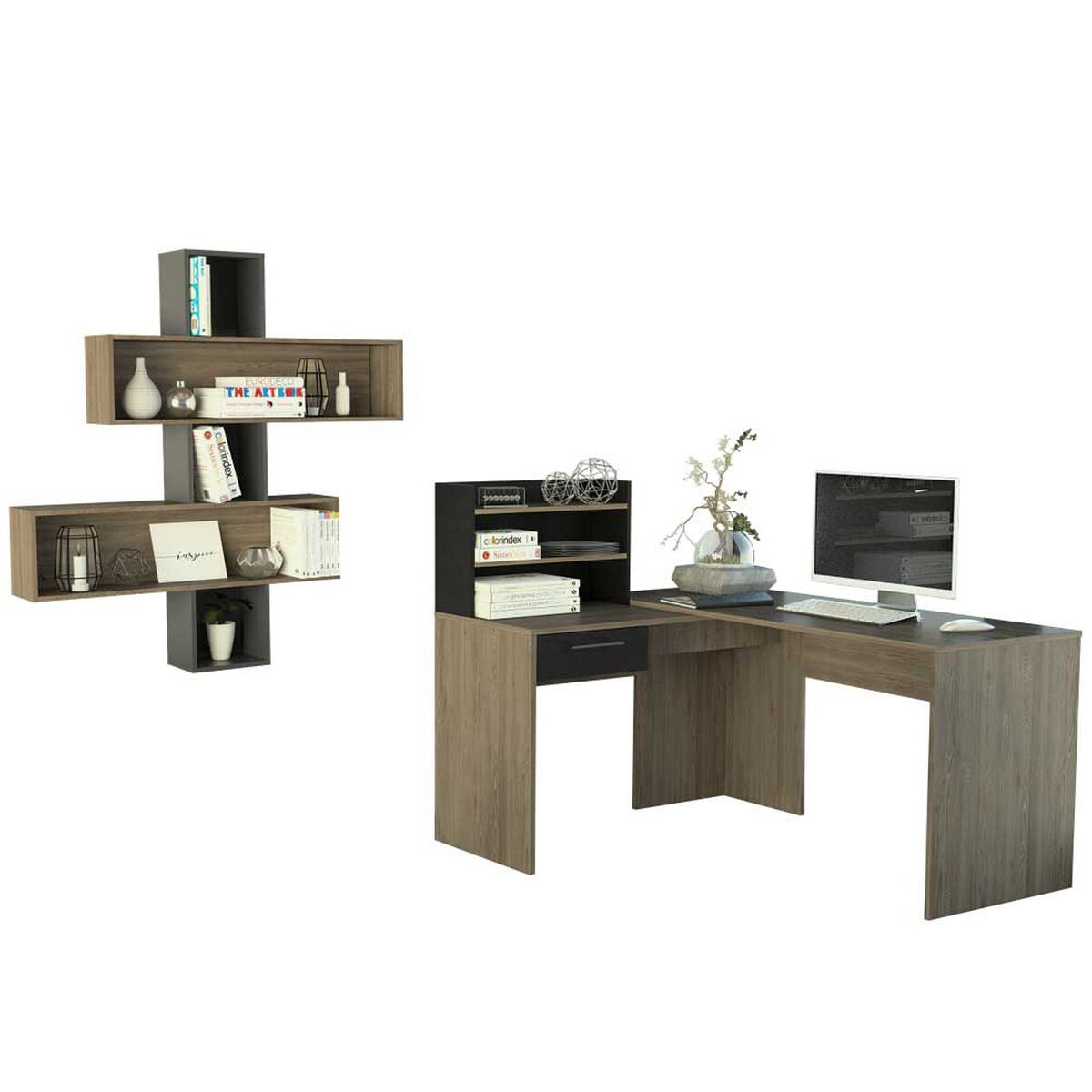 Combo Escritorio + Repisa Wall TuHome Bilbao Miel Plomo