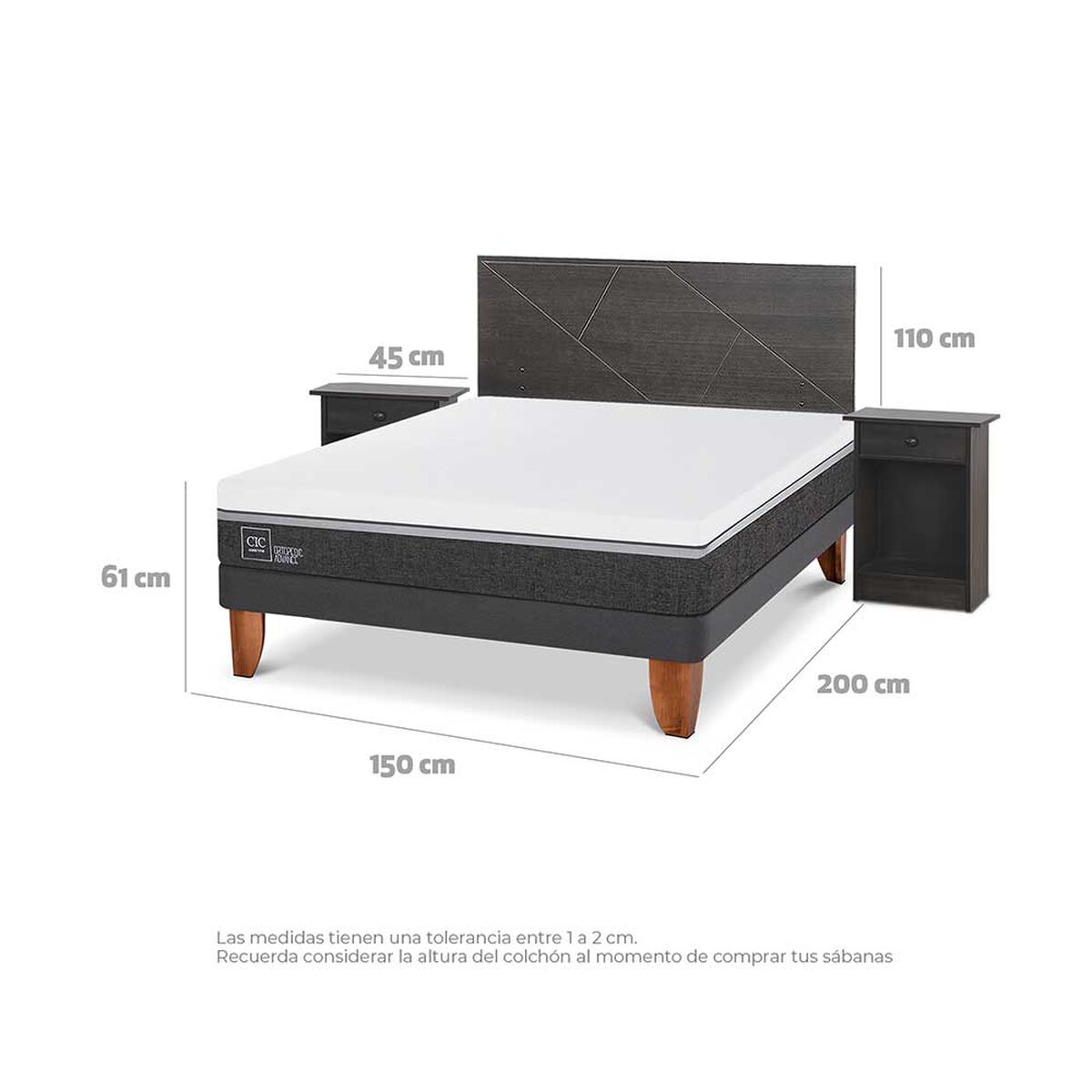 Cama Europea CIC 2 Plazas Ortopedic Advance + Respaldo + 2 Veladores Villarrica