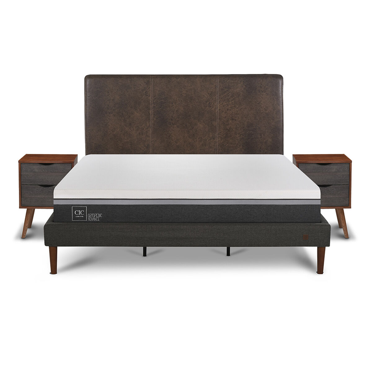 Cama Europea CIC King Ortopedic Advance + Respaldo Baker + 2 Veladores