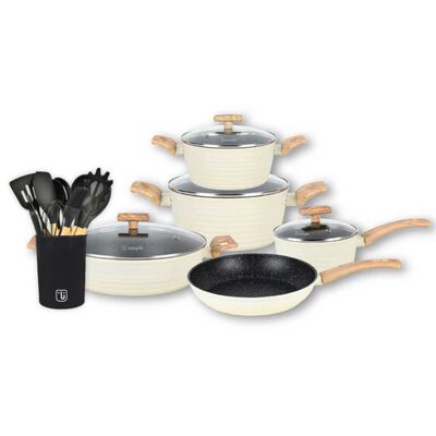 Batería de Cocina Aluminio Forjado Simplit 9 Piezas Crema + Set 12 Utensilios Negro