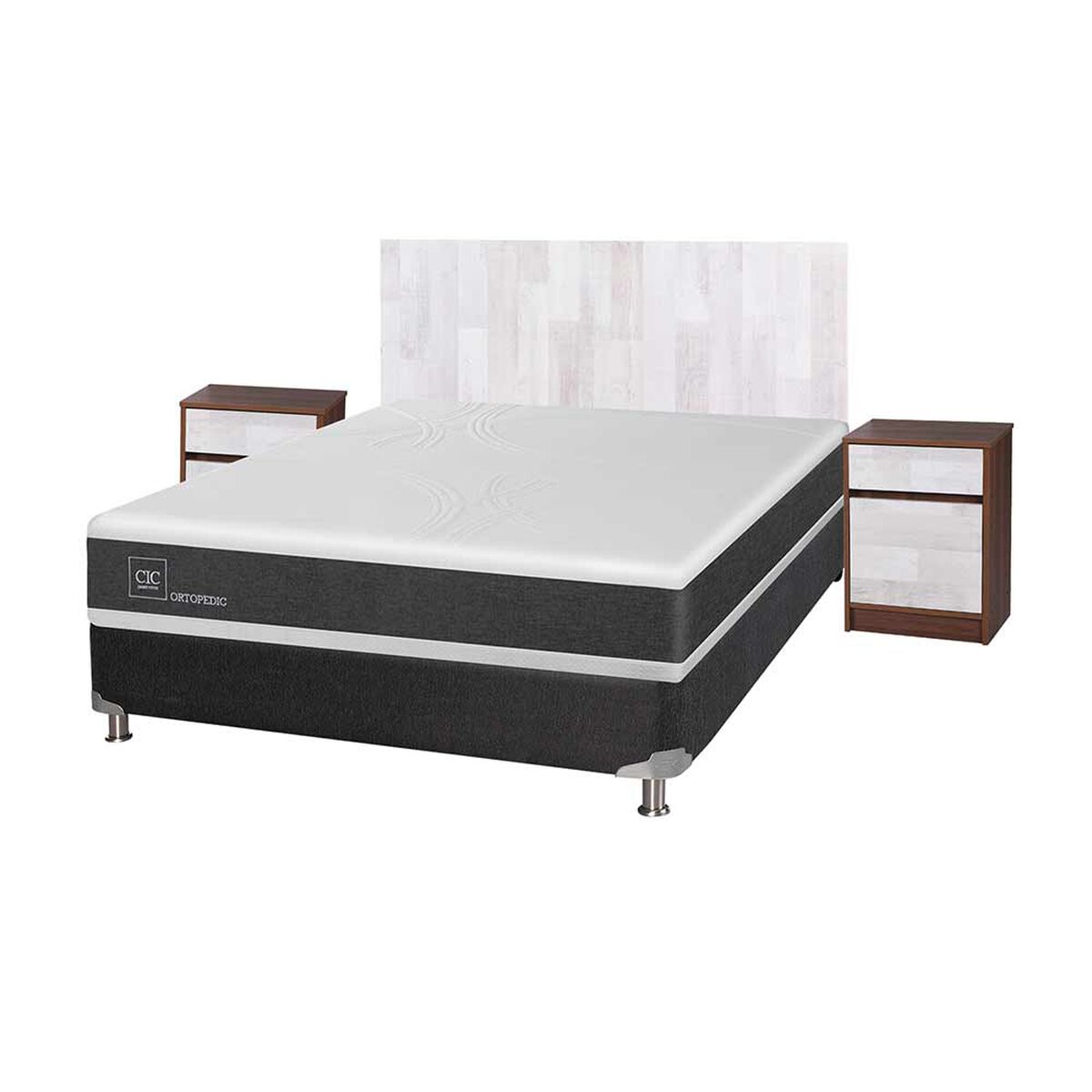Box Spring CIC 2 Plazas Ortopedic + Respaldo + 2 Veladores