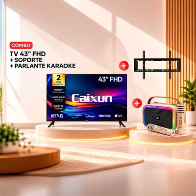 Combo Smart TV LED 43" Caixun FHD Roku C43V1FR + Soporte TV Fijo Kioto KT-TF86 Negro + Karaoke MLAB My LiL Voice Luz RGB 2 Micrófonos Inalámbricos Blanco