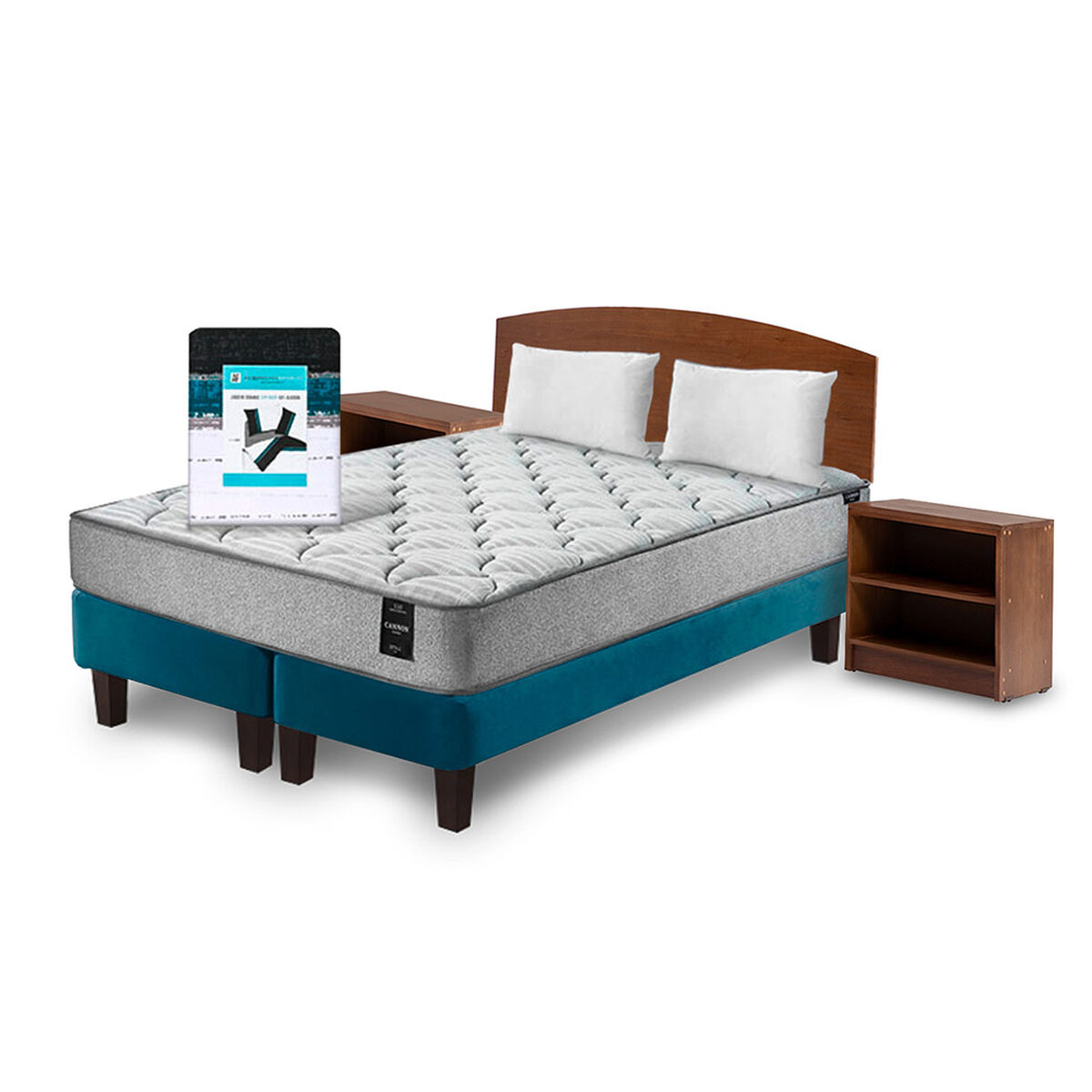 Combo Cama Europea Latam Home 2 Plazas Cannon BD Tela Azul + Textil + Respaldo + 2 Veladores Atlas