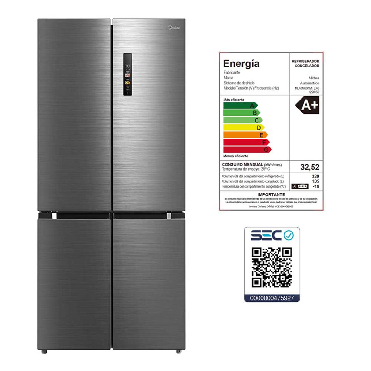 Refrigerador French Door Midea MDRM691MTE46 474 lts.