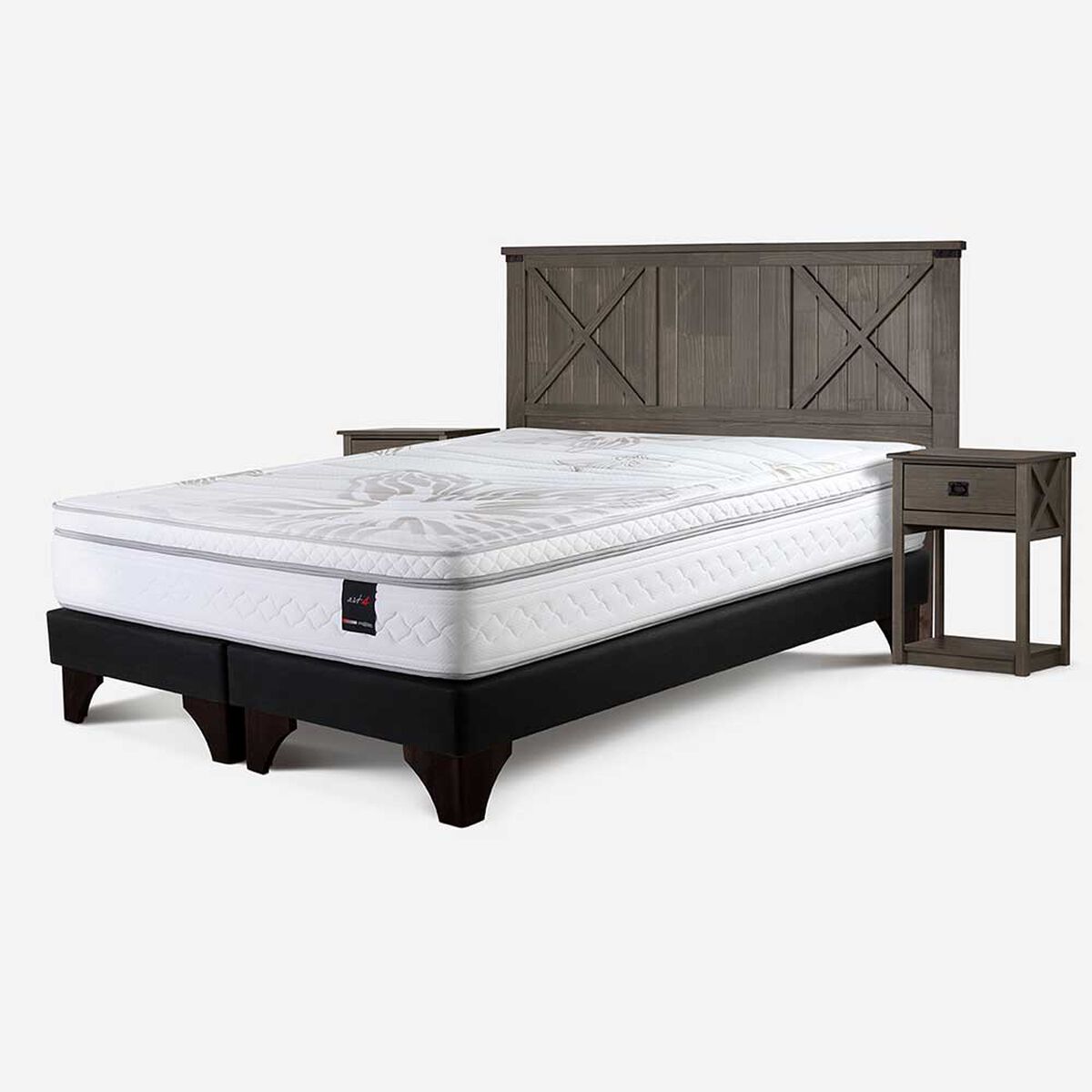 Cama Europea Rosen Base Dividida 2 Plazas Art 4 + Respaldo + 2 Veladores Ray