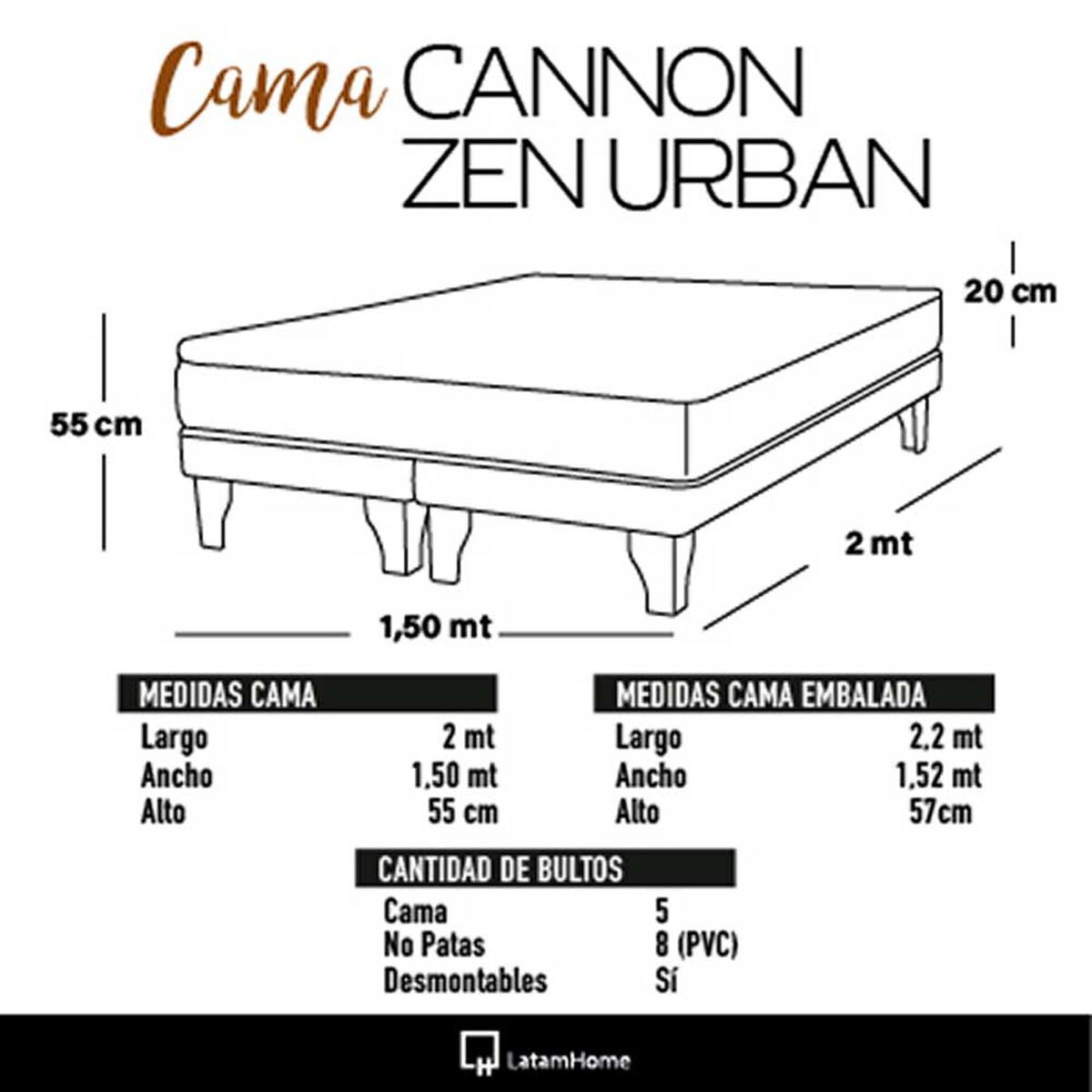 Cama Europea Latam Home 2 Plazas Cannon Gris