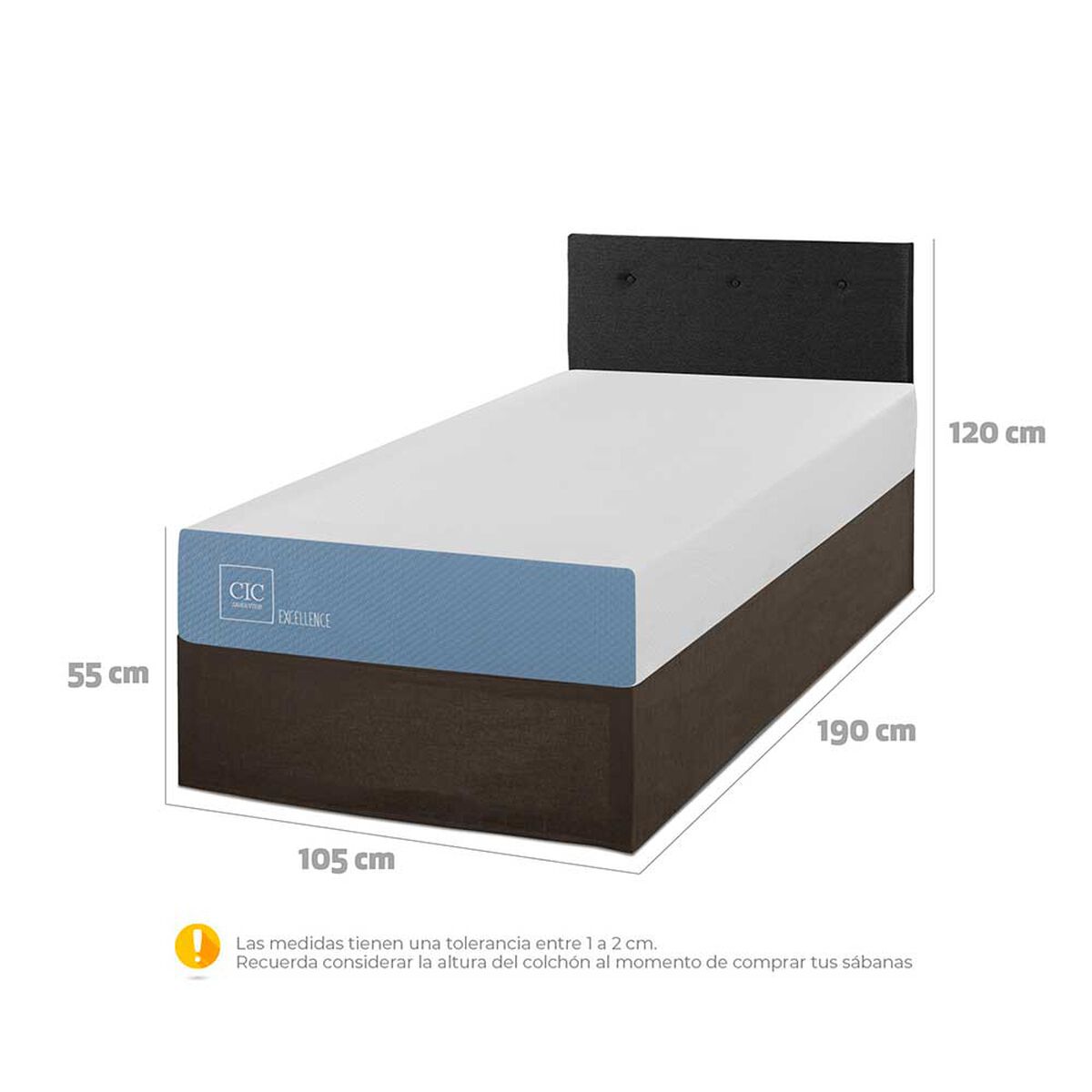 Cama Europea CIC Iron Smart 1,5 Plazas Excellence + Respaldo Black Tapizado + Fald&oacute;n