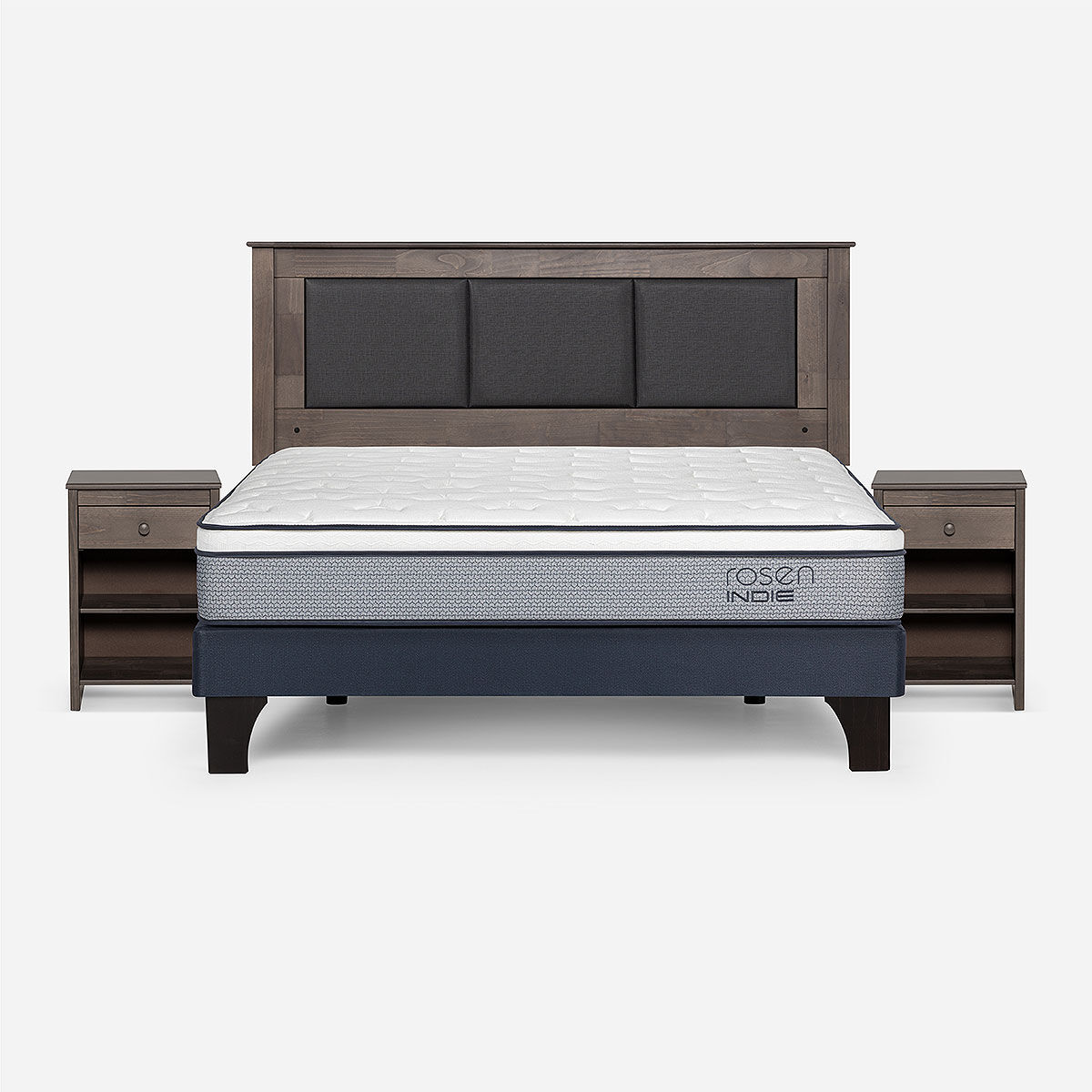 Combo Cama Europea Rosen 2 Plazas Indie BN + Respaldo y Veladores Rachel
