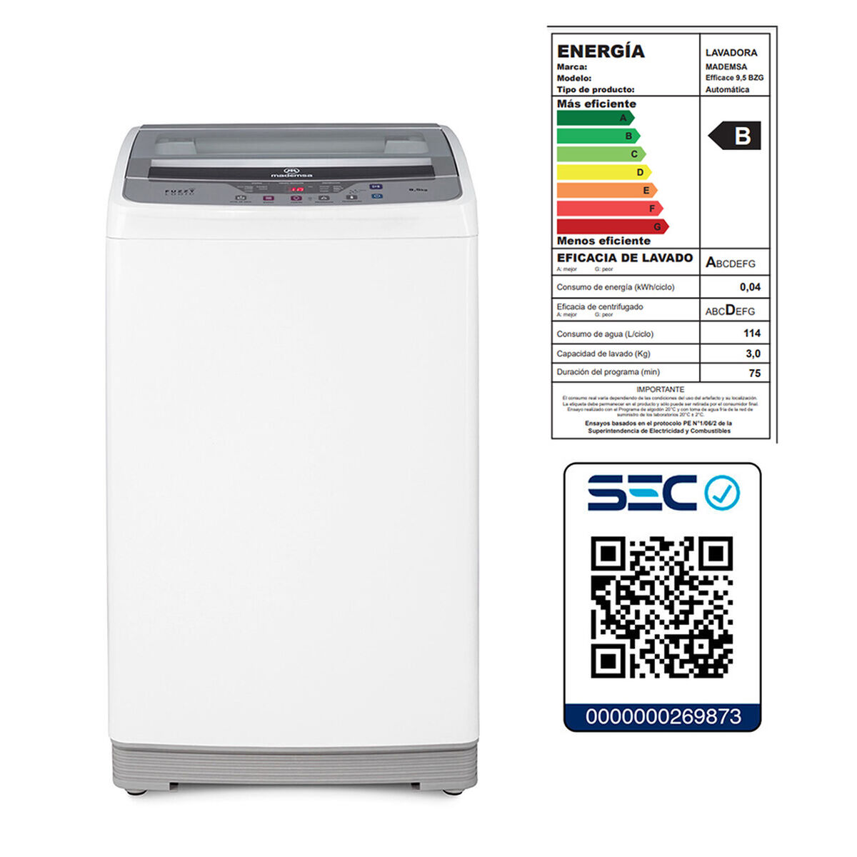 Lavadora Automática Mademsa Efficace 9,5 kgs.