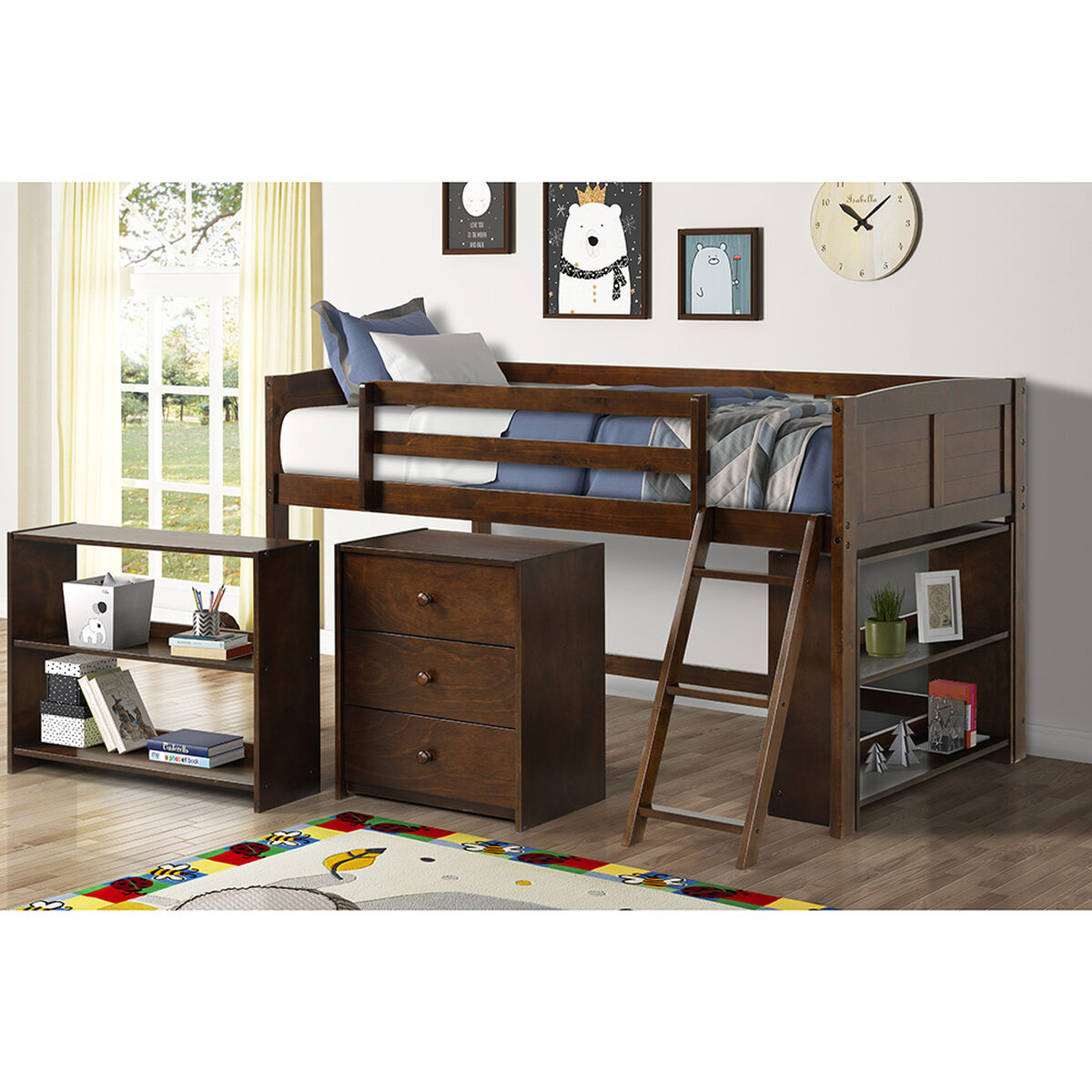 Cama Alta Casanova 1 Plaza Espresso Filadelphia + Cajonera + 2 Repisas Café