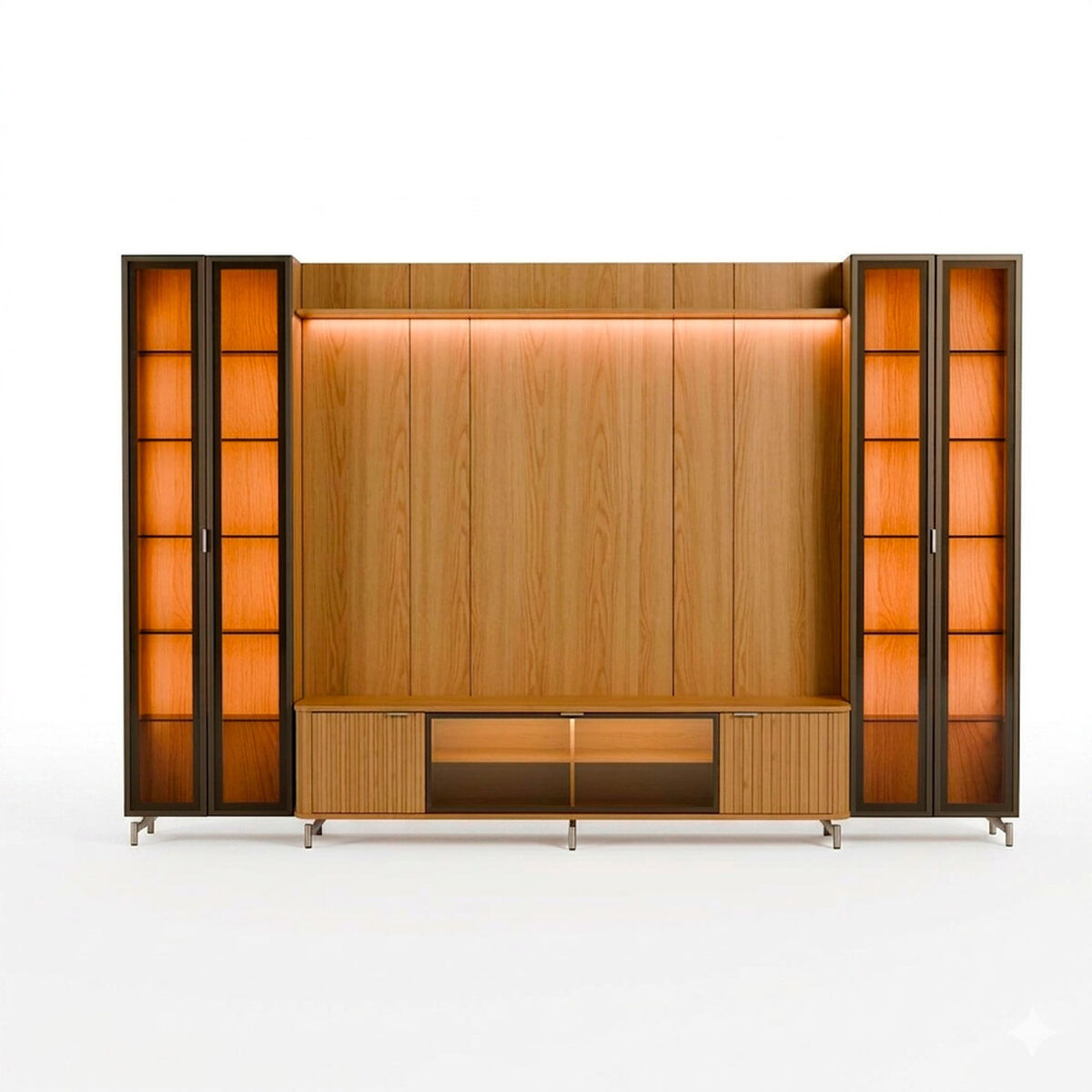 Rack TV 75" + Panel&nbsp;Neon Float LED + 2 Vitrinas 2 Puertas Decocasa Carvalo