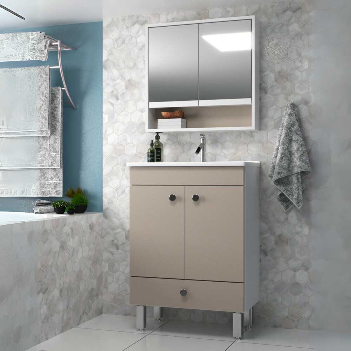 Combo Baño Vanitorio + Espejos Home Mobili City Beige
