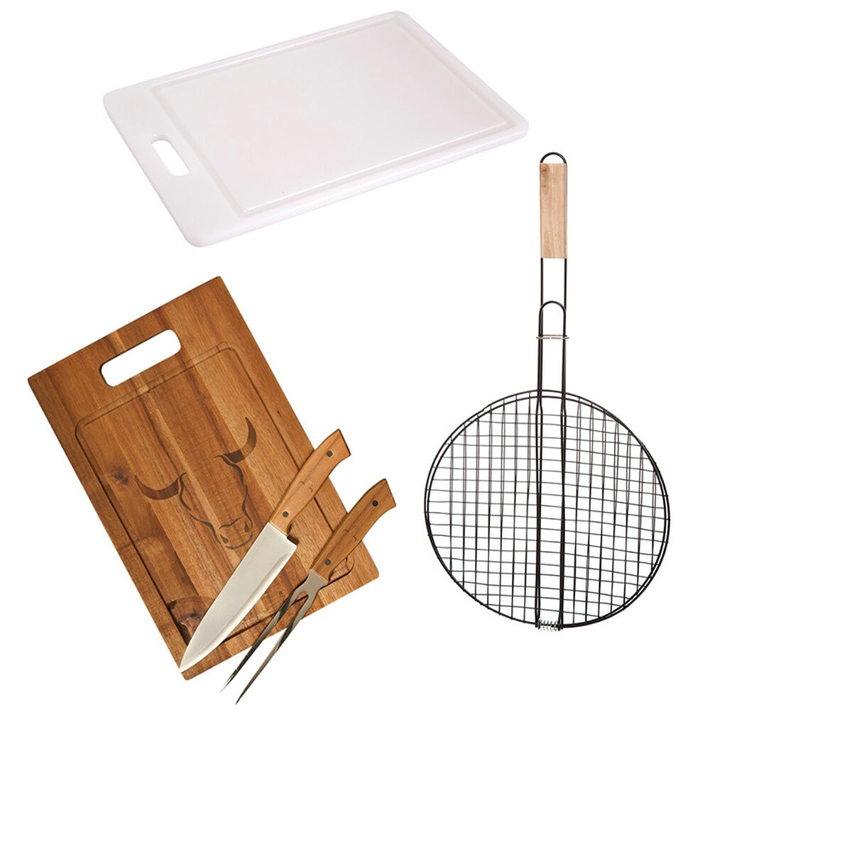 Set Parrillero Wayu Tabla Blanca + Tabla Cuchillo Tenedor + Rejilla Redonda