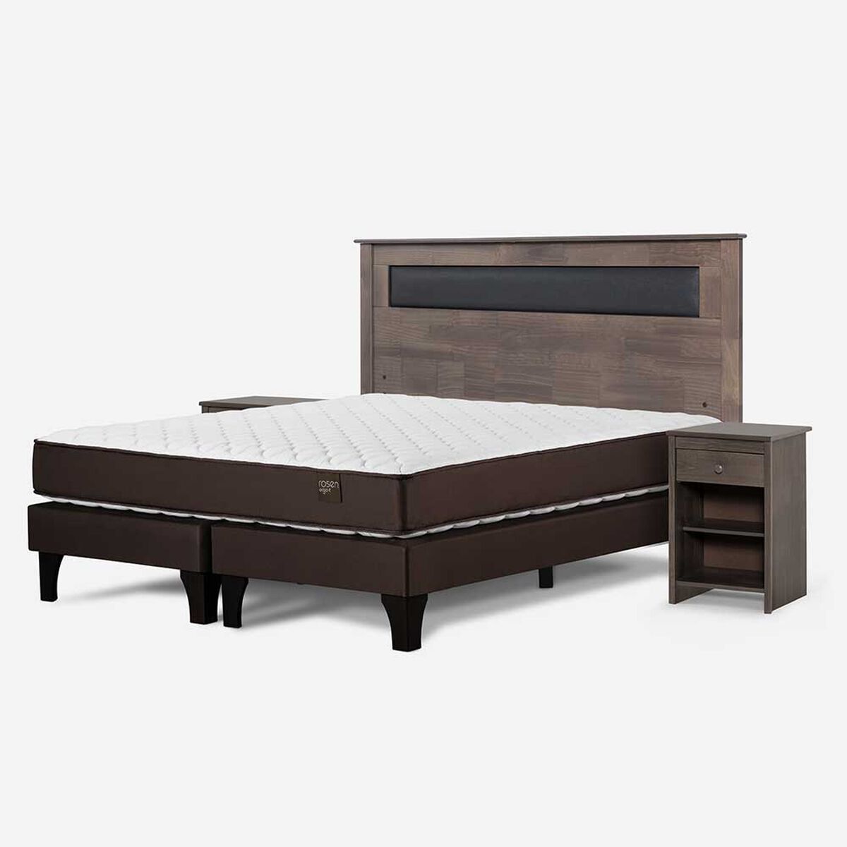 Cama Europea Rosen Base Dividida 2 Plazas New Ergo T + Respaldo Ferrera Gris + 2 Veladores