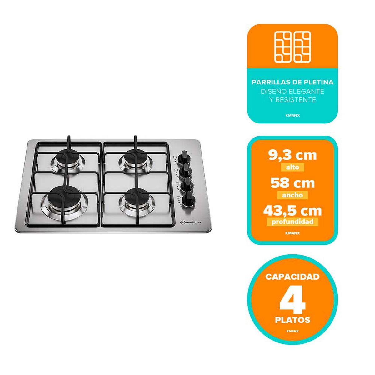 Encimera a Gas Mademsa KM4NX 4 Platos Inox