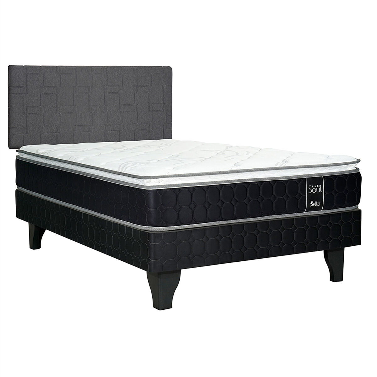 Cama Europea Celta 1,5 Plazas Black Soul + Respaldo Gijón Acolchado
