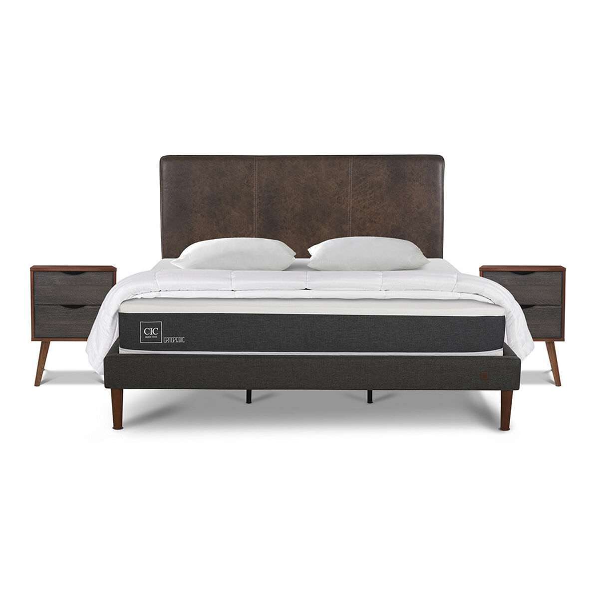 Cama Europea CIC King New Ortopedic + Respaldo Baker + 2 Veladores + Almohadas + Plum&oacute;n