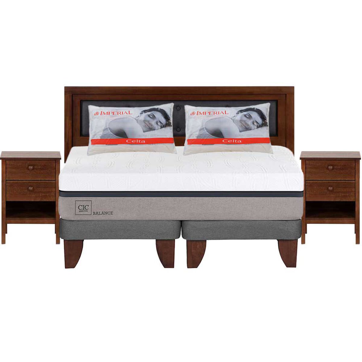 Combo Cama Europea CIC Base Dividida 2 Plazas Balance + Respaldo + 2 Veladores CIC Genova + Pack Almohadas Celta Imperial Soft