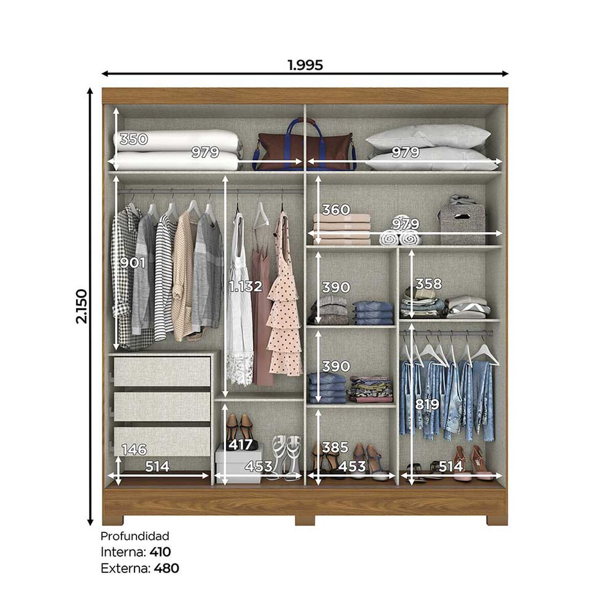 Clóset Home Mobili M8 M4 2 Puertas 2 Cajones Nogal Blanco Off