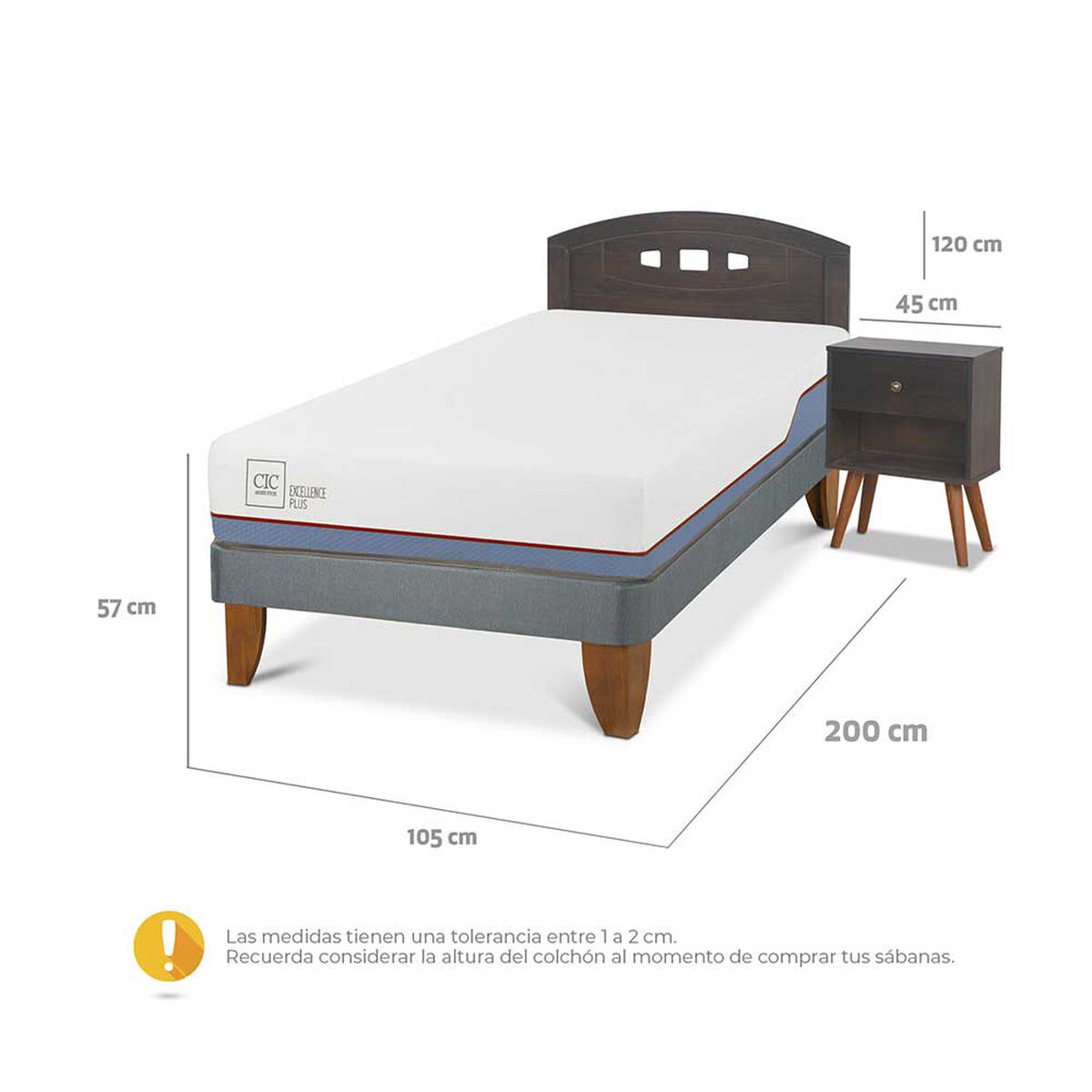 Cama Europea CIC 1,5 Plazas Excellence Plus + Respaldo + Velador Gales