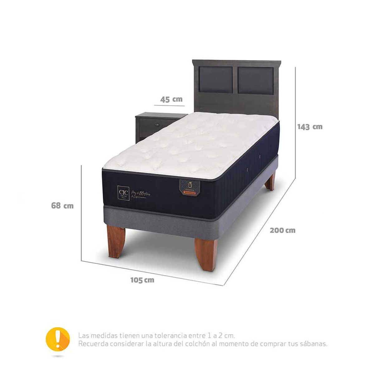Cama Europea CIC Base Normal 1,5 Plazas Premium + Respaldo + Velador Torino