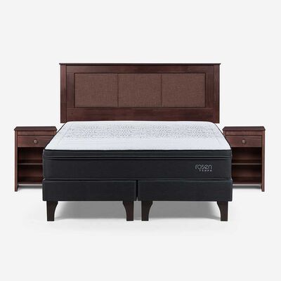 Cama Europea Rosen 2 Plazas Tempo + Respaldo + 2 Veladores Rachel