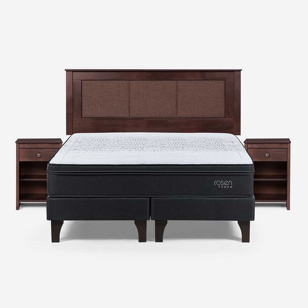 Cama Europea Rosen 2 Plazas Tempo + Respaldo + 2 Veladores Rachel