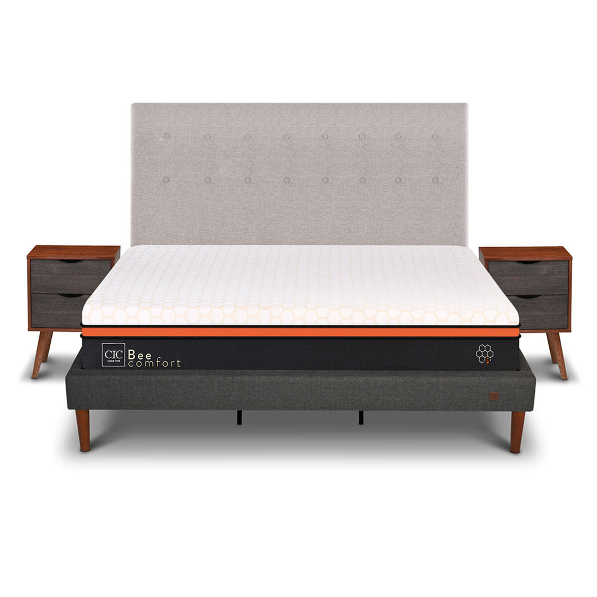 Cama Europea Curve CIC King Bee Comfort + Respaldo + 2 Veladores