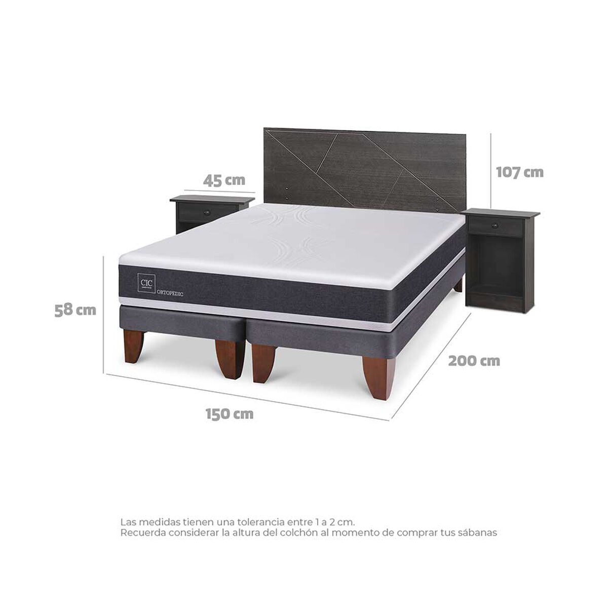 Cama Europea CIC Base Dividida 2 Plazas Ortopedic + Respaldo + 2 Veladores Villarrica