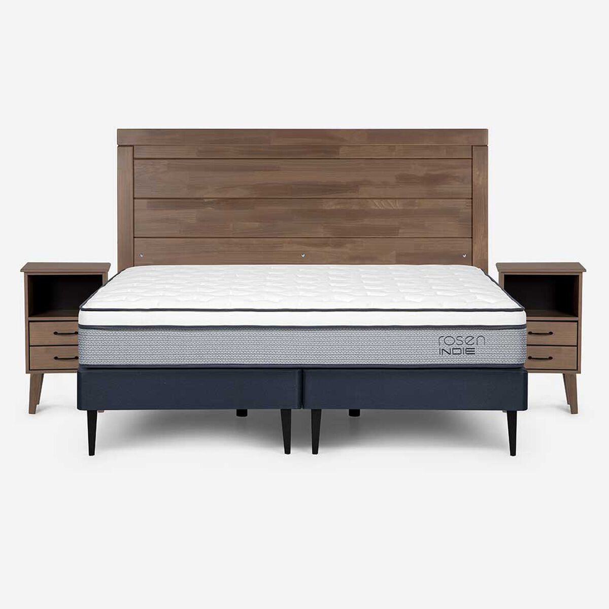 Cama Europea Rosen Base Dividida 2 Plazas Indie + Respaldo + 2 Veladores Sicilia