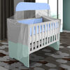 Combo Cuna Casanova Mini Luna Gris/Azul + Colchón Cuna Blanco + Set Textiles 9 Piezas Celeste