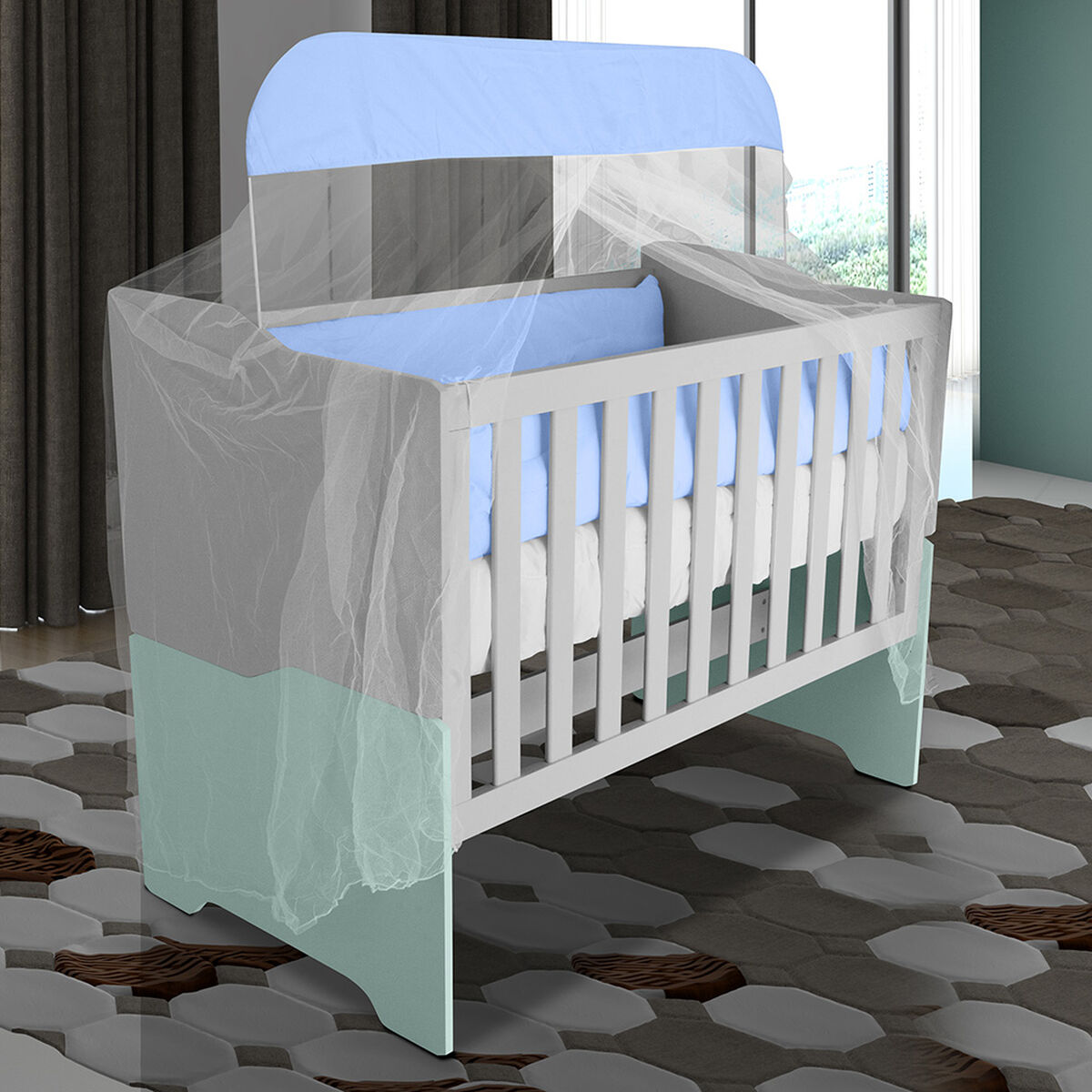 Combo Cuna Casanova Mini Luna Gris/Azul + Colchón Cuna Blanco + Set Textiles 9 Piezas Celeste